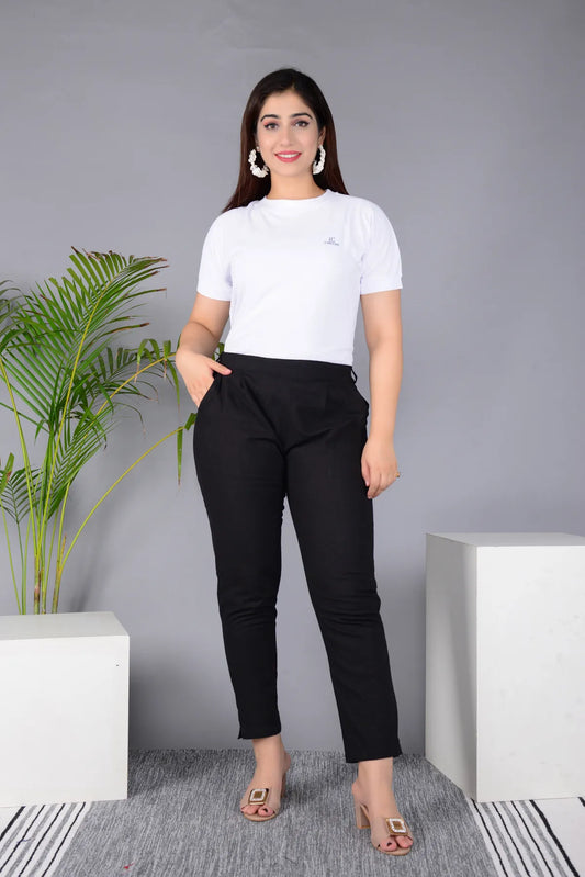 Black Cotton Classic Regular Fit Solid Pant