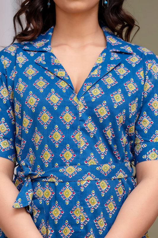 Blue Printed Regular Fit Solid Cotton Co-Ords Set