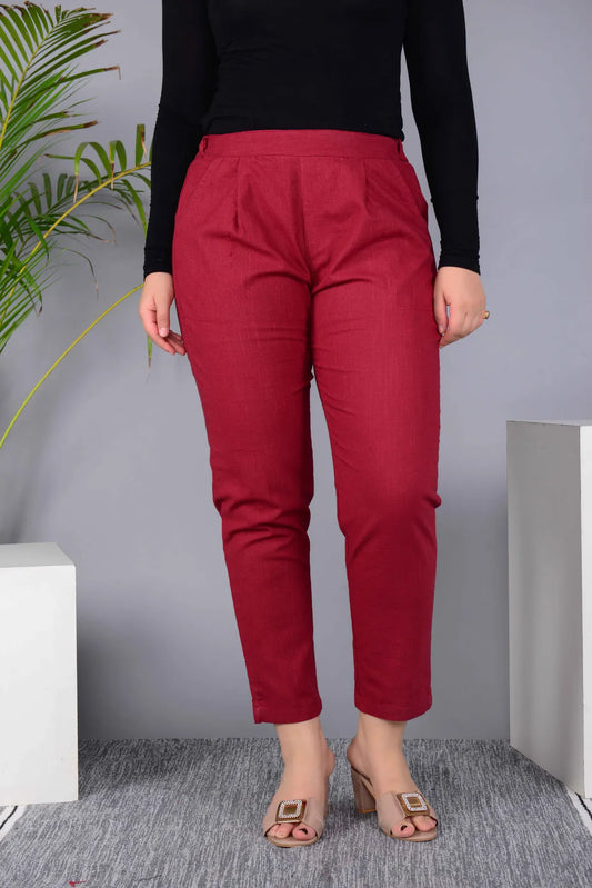 Maroon Cotton Classic Regular Fit Solid Pant
