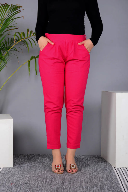 Pink Cotton Classic Regular Fit Solid Pant