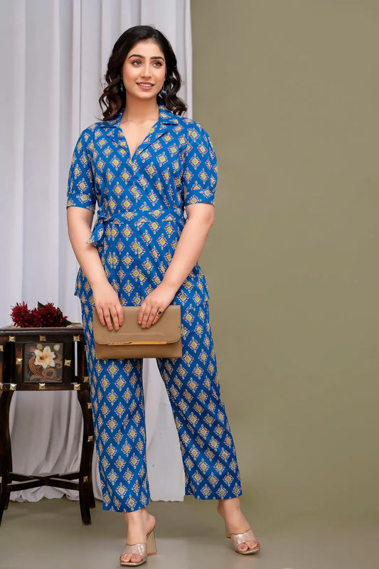 Blue Printed Regular Fit Solid Cotton Co-Ords Set