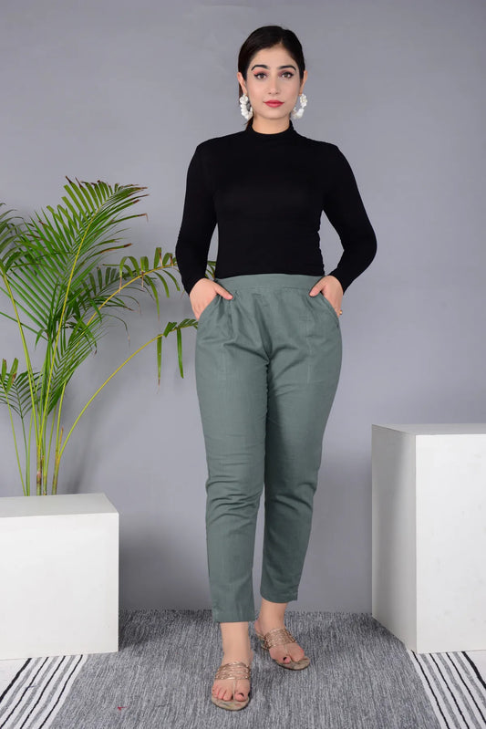 Grey Cotton Classic Regular Fit Solid Pant