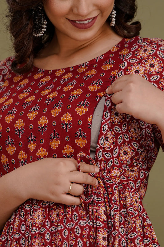 Maroon Maternity and Feeding Gown | 2nd Design Pattern