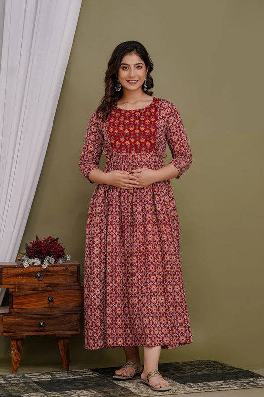 Maroon Maternity and Feeding Gown | 2nd Design Pattern