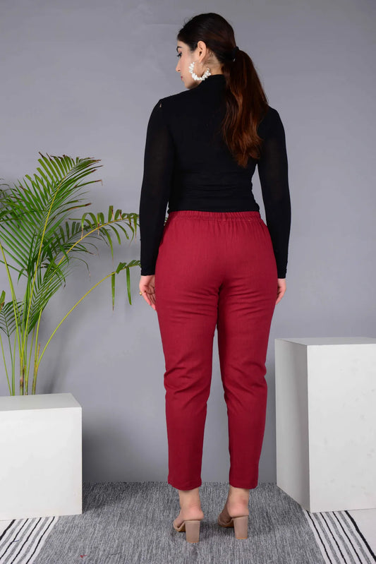 Maroon Cotton Classic Regular Fit Solid Pant