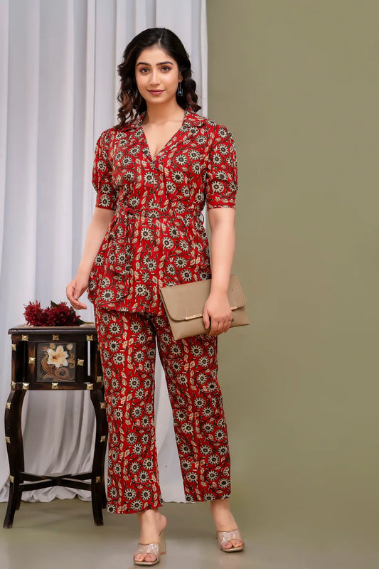 Maroon Printed Regular Fit Solid Cotton Co-Ords Set