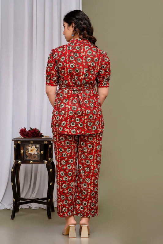 Maroon Printed Regular Fit Solid Cotton Co-Ords Set