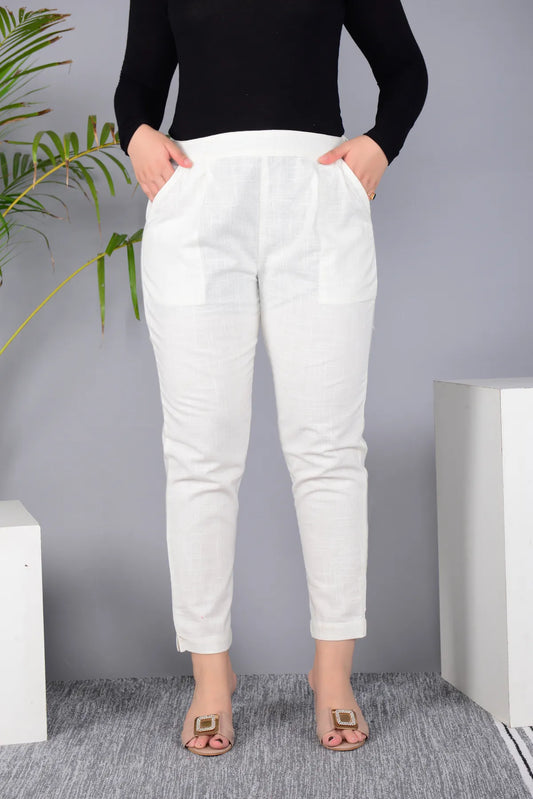 Off White Cotton Classic Regular Fit Solid Pant