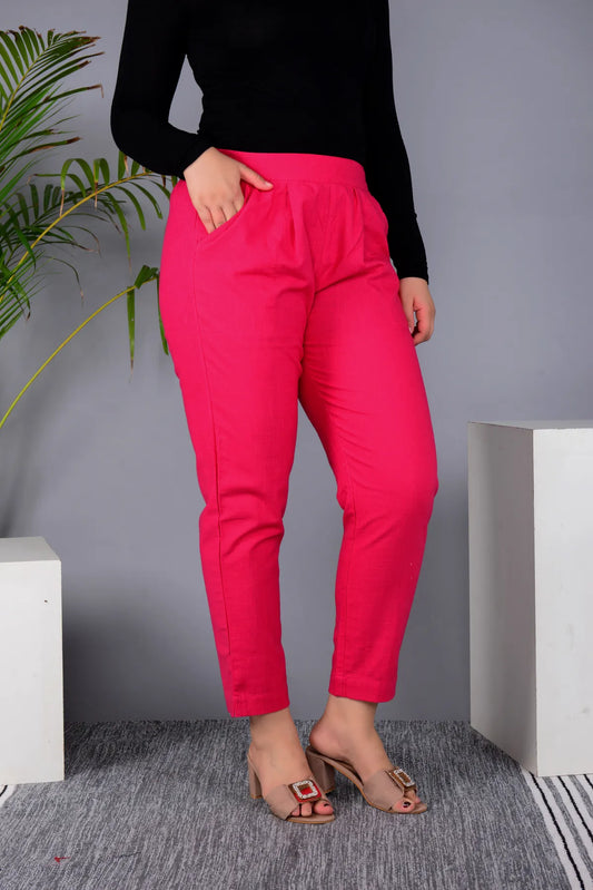 Pink Cotton Classic Regular Fit Solid Pant