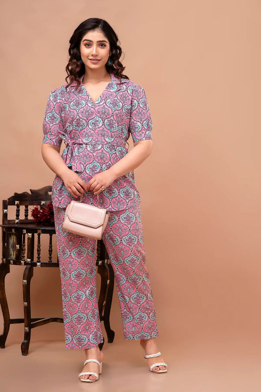 Pink Printed Regular Fit Solid Cotton Co-Ords Set